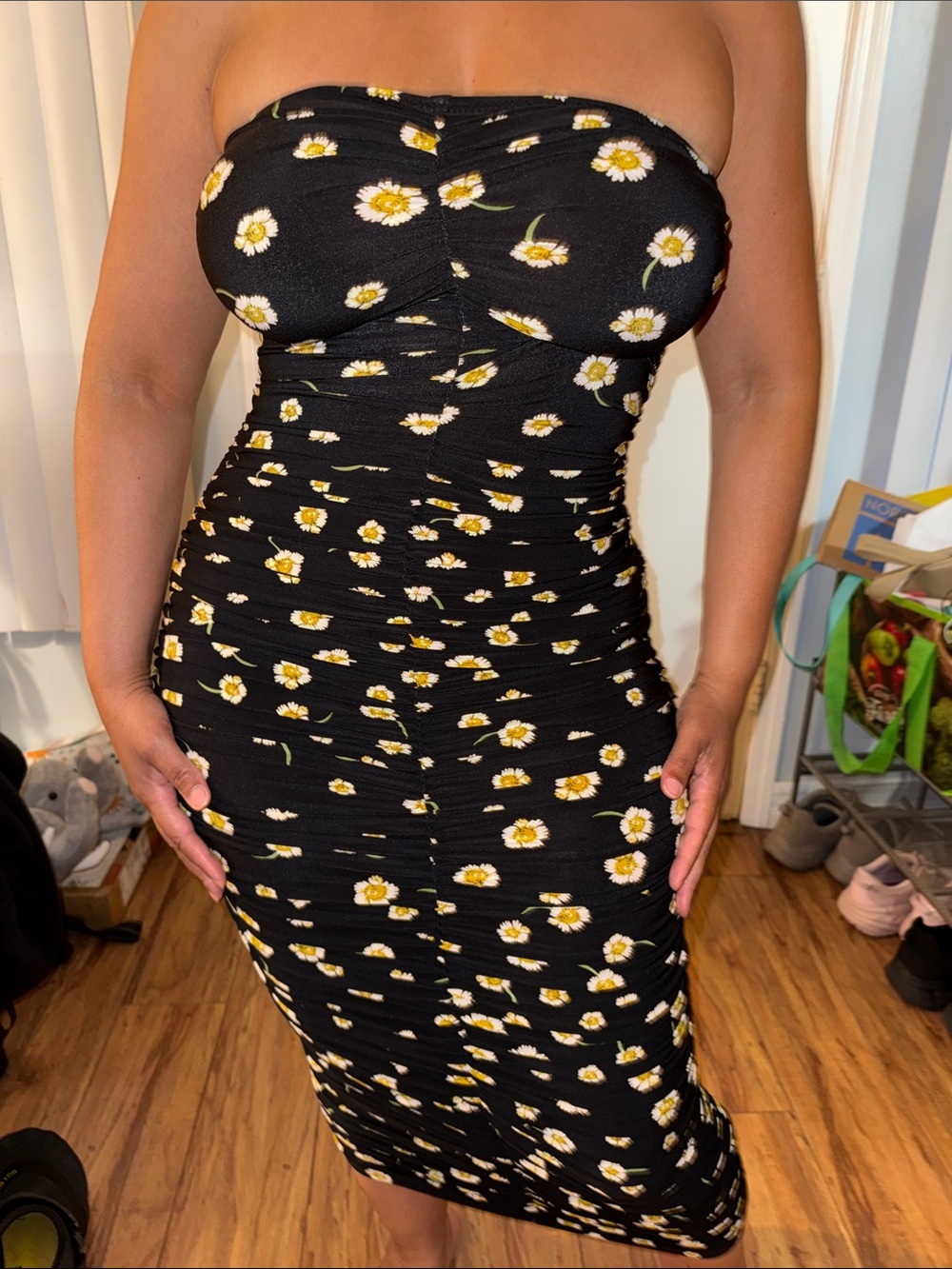 Norma Kamali Black Strapless Midi Dress with Yellow Daisy Print - Picture 7 of 7